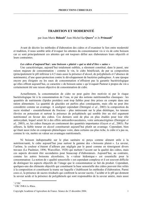 TRADITION ET MODERNITÉ - Académie d'Agriculture de France