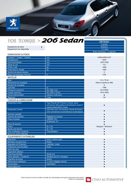 FICHE TECHNIQUE > 206 Sedan - CFAO Motors