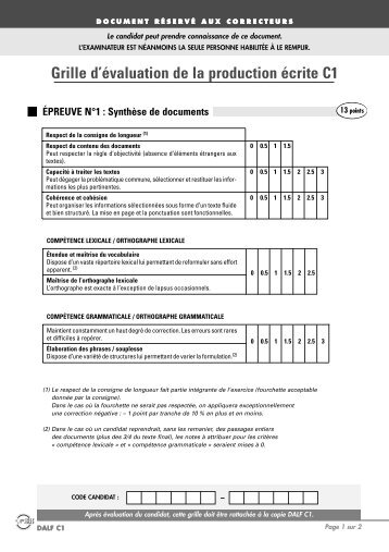 La grille d'évaluation - production écrite C1 - DELF DALF Suisse