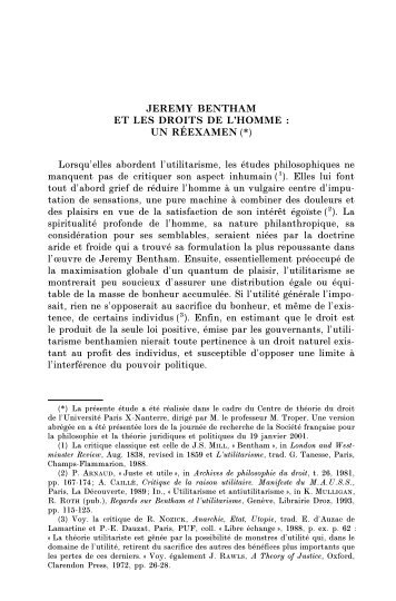 JEREMY BENTHAM ET LES DROITS DE L'HOMME : UN RÉEXAMEN