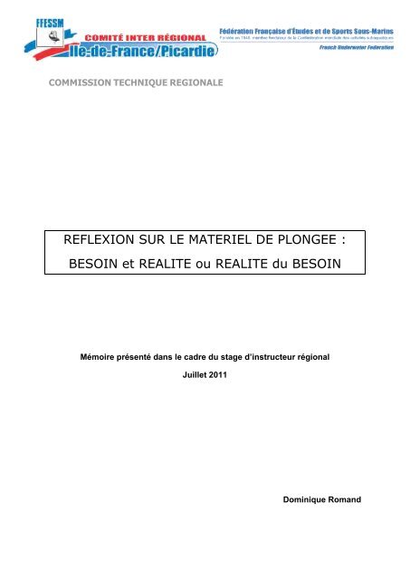 REFLEXION SUR LE MATERIEL DE PLONGEE : BESOIN et