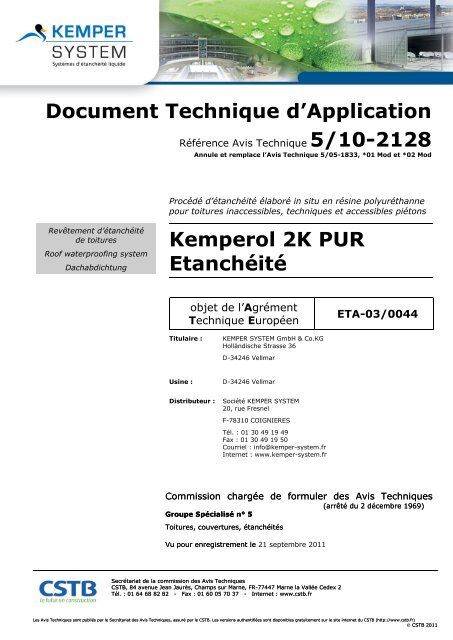 Télécharger le DTA du KEMPEROL 2K-PUR - KEMPER SYSTEM