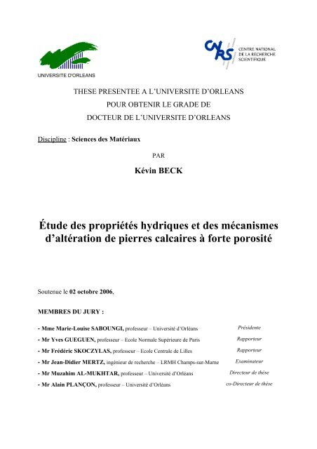 Étude des propriétés hydriques et des mécanismes d ... - sacre