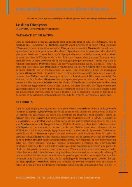 Encyclopédie : Le Garçon aux Bâtons d'Encens 1 DIONYSOS - Accueil