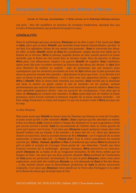 Encyclopédie : Le Garçon aux Bâtons d'Encens 1 DIONYSOS - Accueil