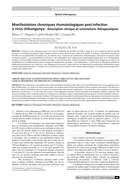 "Manifestations chroniques rhumatologiques post-infection à virus ...