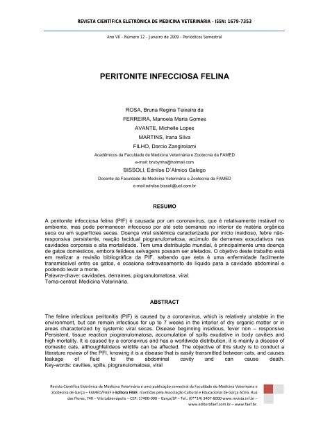 PERITONITE INFECCIOSA FELINA - Revistas Eletrônicas - FAEF