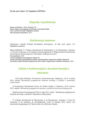 Nagrody i wyróżnienia Konferencje naukowe Udział w ...