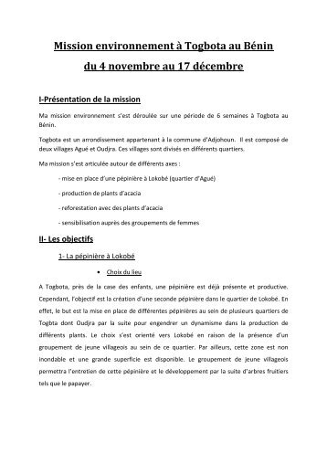 Rapport de mission environnement - Togbota ... - Urgence Afrique