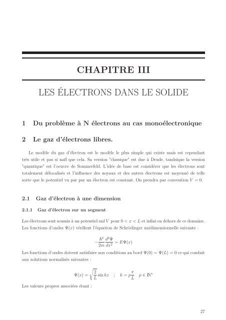 CHAPITRE III LES ÉLECTRONS DANS LE SOLIDE - Iramis