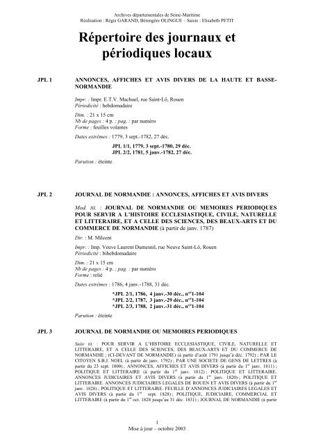 Repertoire Des Journaux Et Periodiques Locaux Archives