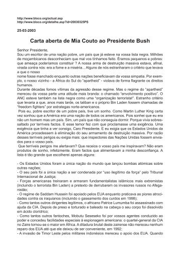 Carta aberta de Mia Couto ao Presidente Bush - Web indipendente