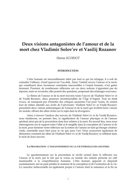 Deux visions antagonistes de l'amour et de la mort chez Vladimir ...