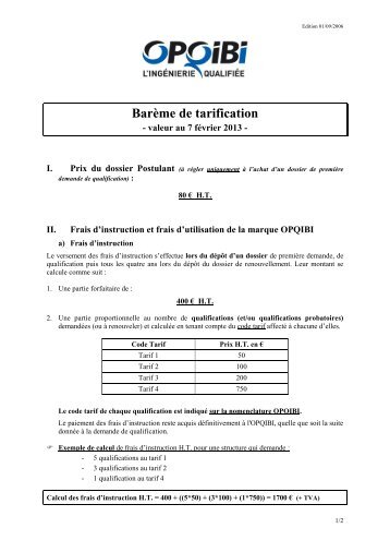 Barème de tarification - Opqibi