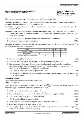 Cameroun, Probatoire D (Sciences Expérimentales ... - Easy-maths