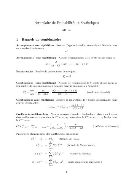 Formulaire De Probabilites Et Statistiques