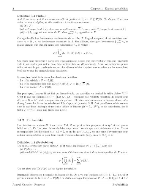 Introduction aux Probabilités - Université Rennes 2