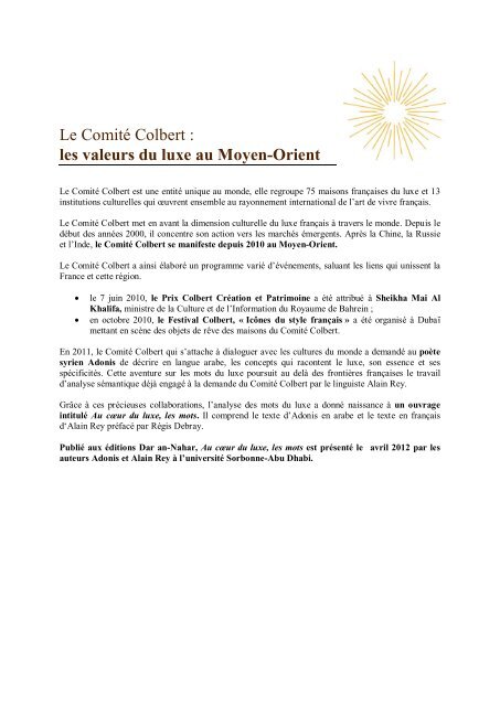 Au coeur du luxe les mots / dossier / 2012 - Comité Colbert