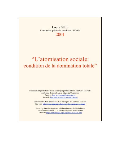 “L'atomisation sociale: - Les Classiques des sciences sociales - UQAC