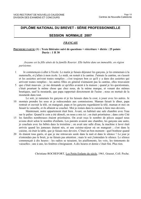 série professionnelle session normale 2007 - Vice-Rectorat de la ...