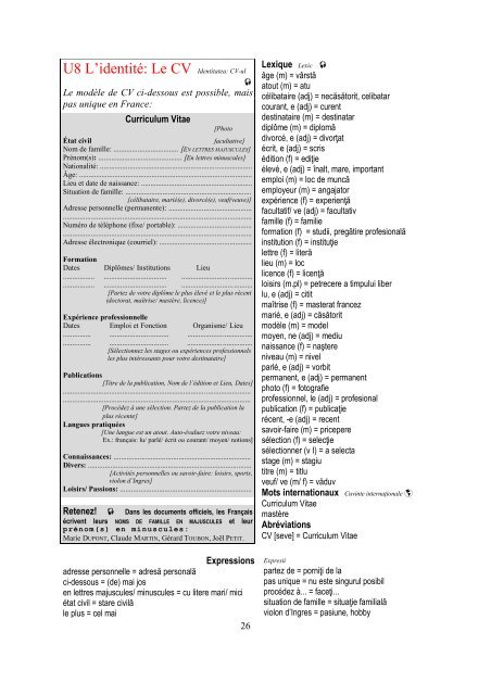 U8 L'identité: Le CV Identitatea: CV-ul
