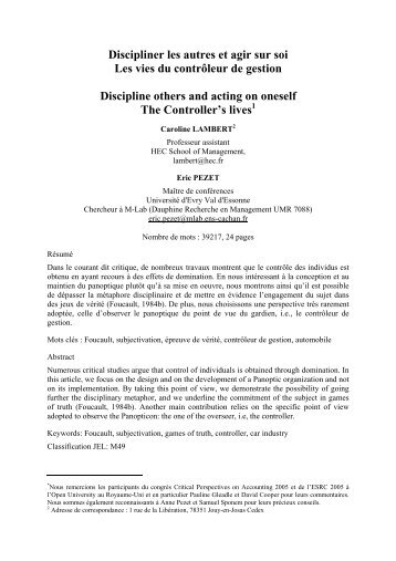 Discipliner les autres et agir sur soi Les vies du contrôleur ... - Studies2