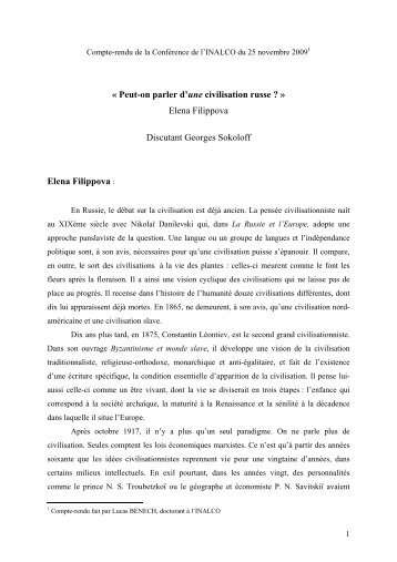 « Peut-on parler d'une civilisation russe ? » Elena Filippova ... - Inalco