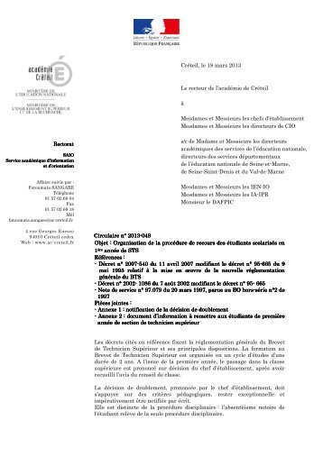Circulaire rectorale n°2013-049 - Académie de Créteil