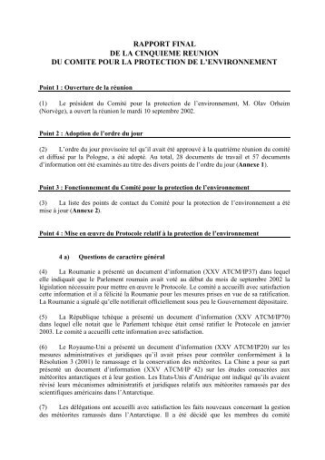 rapport final de la cinquieme reunion du comite pour la protection de ...