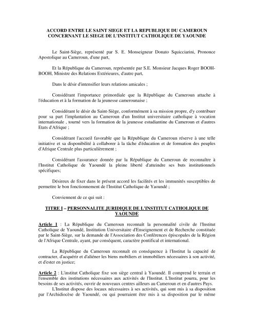 Accord entre le Saint Siège et la République du Cameroun ...