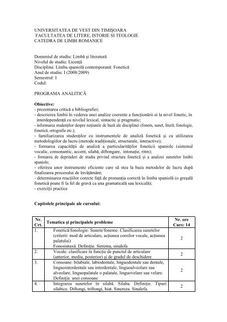 limba spaniolă contemporană sem i - Facultatea de Litere, Istorie şi ...