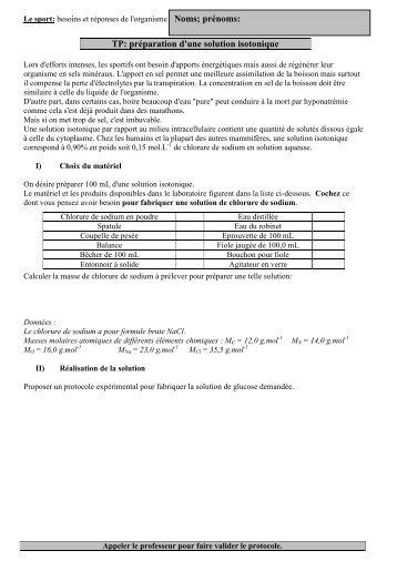 TP: préparation d'une solution isotonique Noms; prénoms: