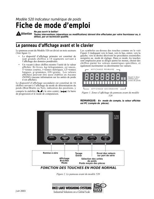 Fiche de mode d'emploi - Rice Lake Weighing Systems