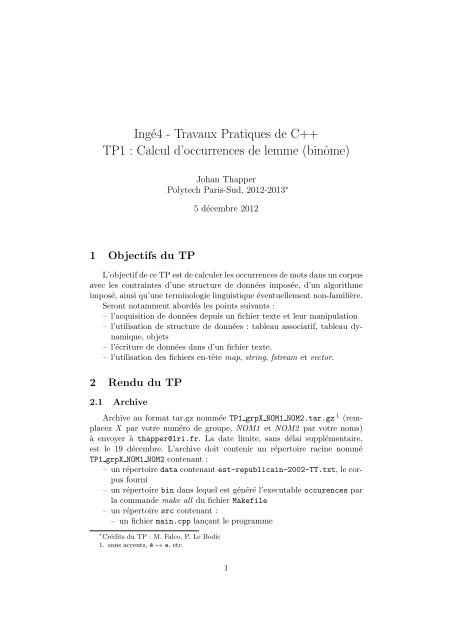 Ingé4 - Travaux Pratiques de C++ TP1 : Calcul d'occurrences ... - LRI