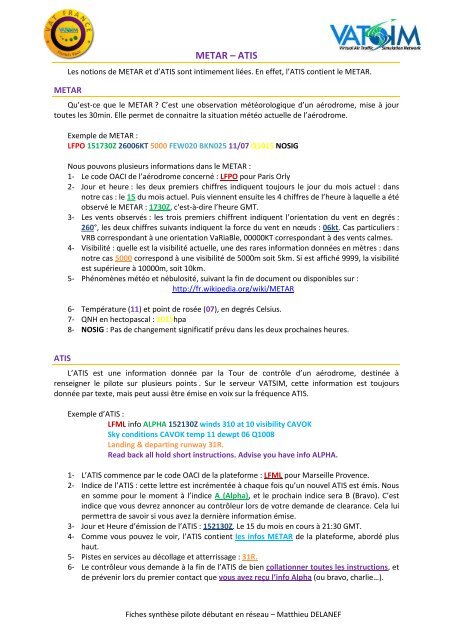 Fiche METAR - ATIS - VAT France