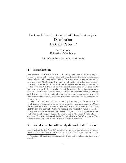 Lecture Note 15: Social Cost Benefit Analysis - University of ...