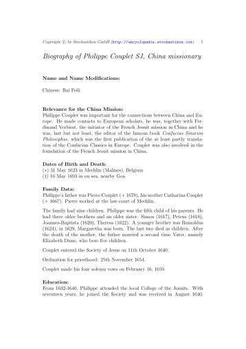 Biography of Philippe Couplet SJ, China missionary