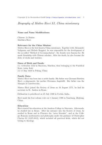 Biography of Matteo Ricci SJ, China missionary