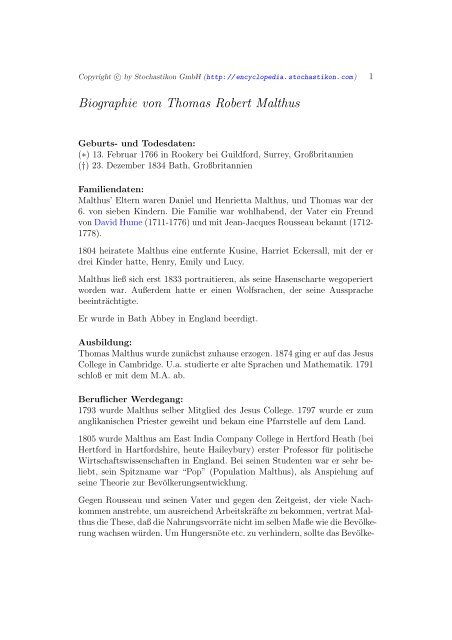 Biographie Von Thomas Robert Malthus