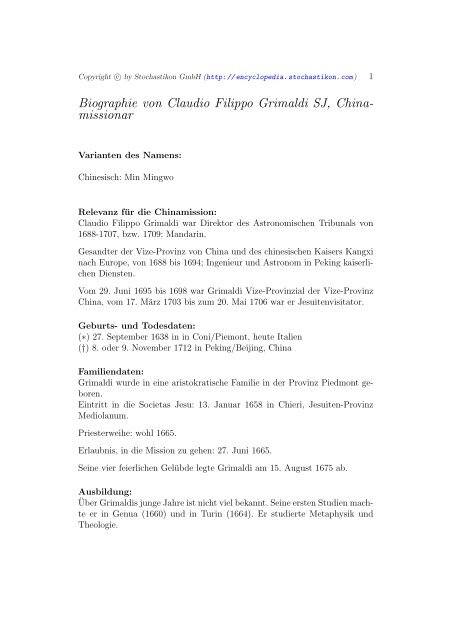 Biographie von Claudio Filippo Grimaldi SJ, China missionar
