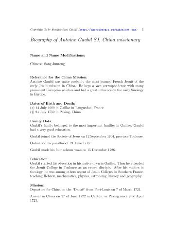 Biography of Antoine Gaubil SJ, China missionary