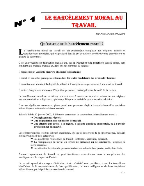 le harcèlement moral au travail travail - SSTFP -- Santé - Sécurité au ...