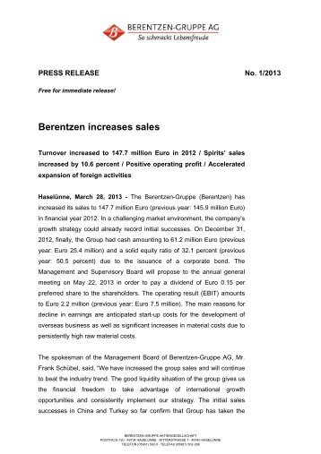 Berentzen increases sales - Berentzen Gruppe
