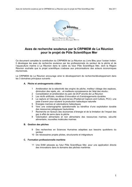 Axes de recherche soutenus par le CRPMEM de La Réunion pour le ...
