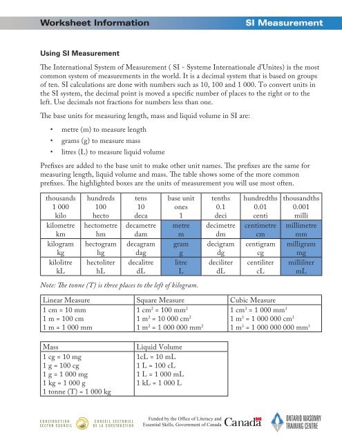 Worksheet Information SI Measurement