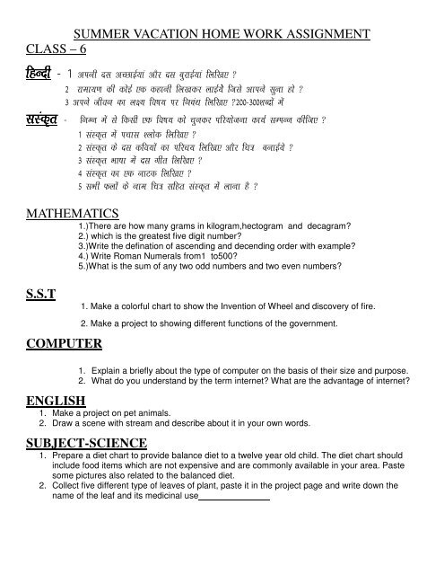 holiday homework class 6 english