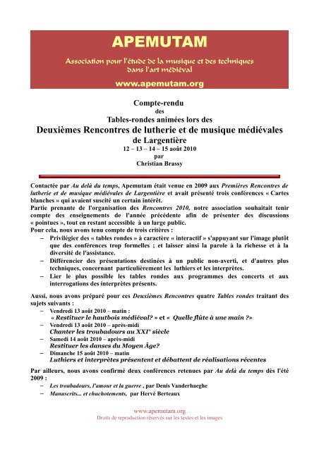 Compte-rendu - Rencontres de lutherie et musique médiévales