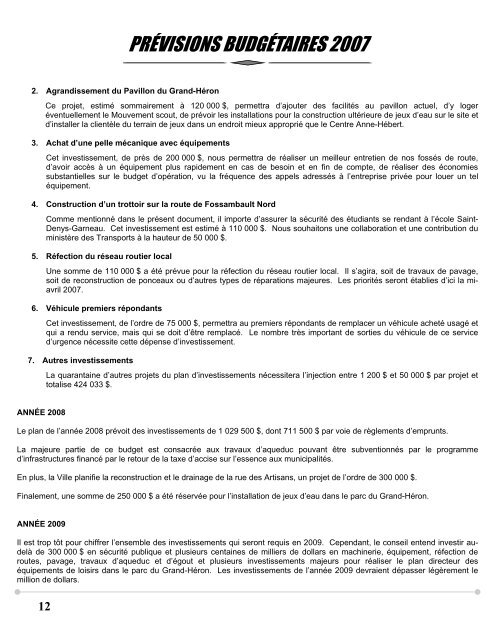 Cahier spécial: PRÉVISIONS BUDGÉTAIRES 2007 - Ville de Sainte ...
