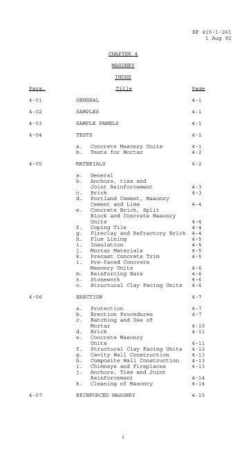 EP 415-1-261 1 Aug 92 i CHAPTER 4 MASONRY INDEX Para. Title ...