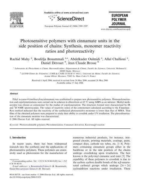 Photosensitive polymers with cinnamate units in the side position of ...